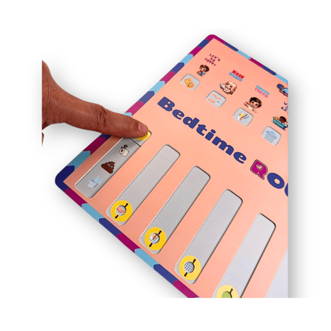 Clean-Up Routino interactive routine board for kids with colorful sliding mechanism open, displaying engaging visual steps for tidying up toys and organizing their space. Designed to make clean-up time fun and stress-free for young children. Close up with finger sliding slider