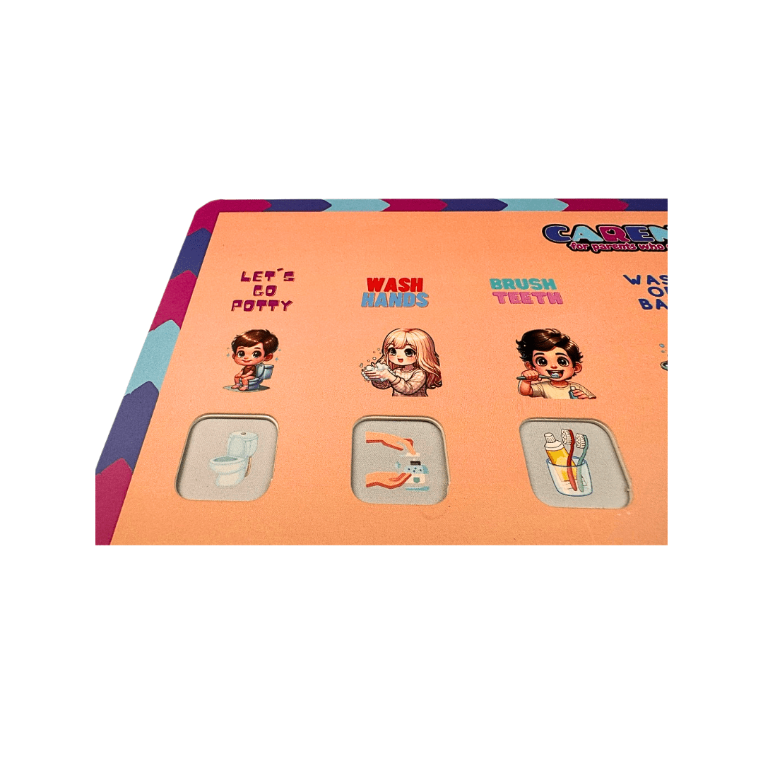 Clean-Up Routino interactive routine board for kids with colorful sliding mechanism open, displaying engaging visual steps for tidying up toys and organizing their space. Designed to make clean-up time fun and stress-free for young children. close up with process steps
