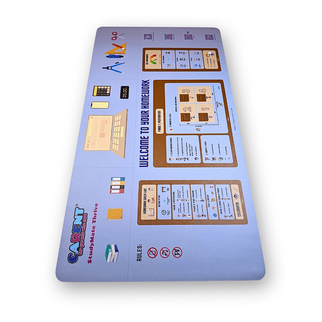 The Interactive StudyMate Thrive Desk Mat, a structured and educational desk mat designed for children aged 9 and above to support a focused and efficient homework routine. The mat features clear zones for preparation, task execution, and self-assessment, along with engaging visual cues, a resource checklist, and a self-reflection section. Made from durable, easy-to-clean silicone, it includes educational QR codes for additional study resources.