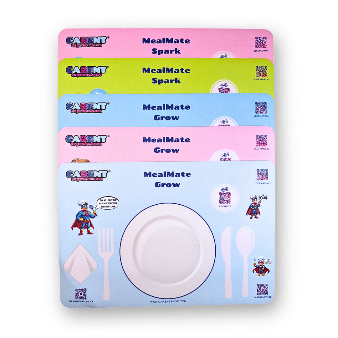 Stacked set of five MealMate Grow interactive placemats for kids, showcasing different themed designs. These educational placemats teach children aged 2-9 proper dining etiquette, including correct table settings. Made from durable, easy-to-clean material, each placemat features engaging QR codes for etiquette learning and the CARENT method.