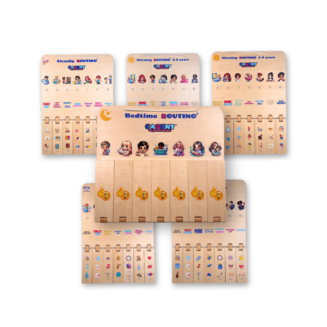 All six Interactive Wooden Routino boards displayed side by side, showcasing the full collection of wooden Routino products. Each board is designed to support different daily routines, including bedtime, morning, school preparation, cleanup, and more, helping children develop structured and independent habits.