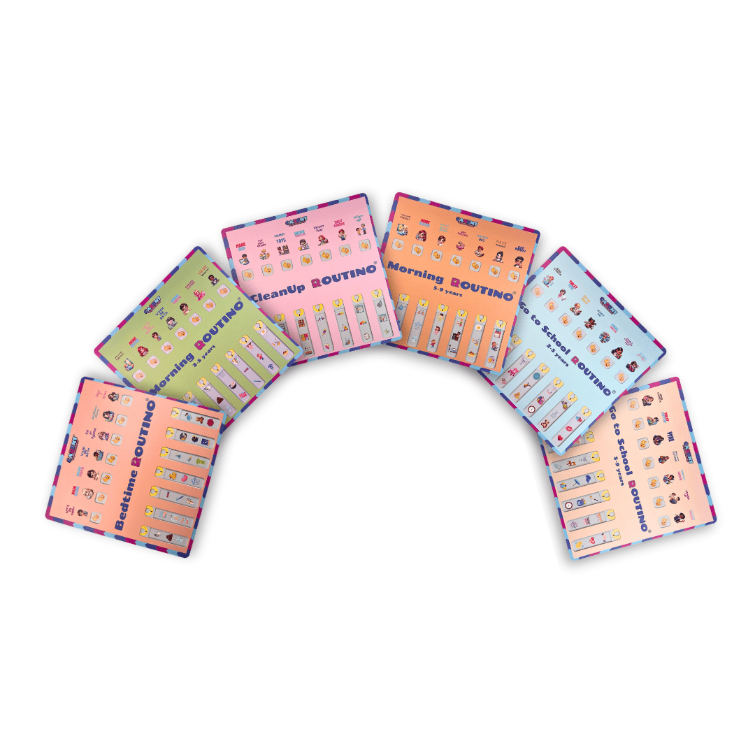 Collection of six colorful Routino routine boards for kids, displayed in a fan structure. Each interactive board features a unique sliding mechanism to help children follow daily routines like bedtime, morning, clean-up, and getting ready for school.
