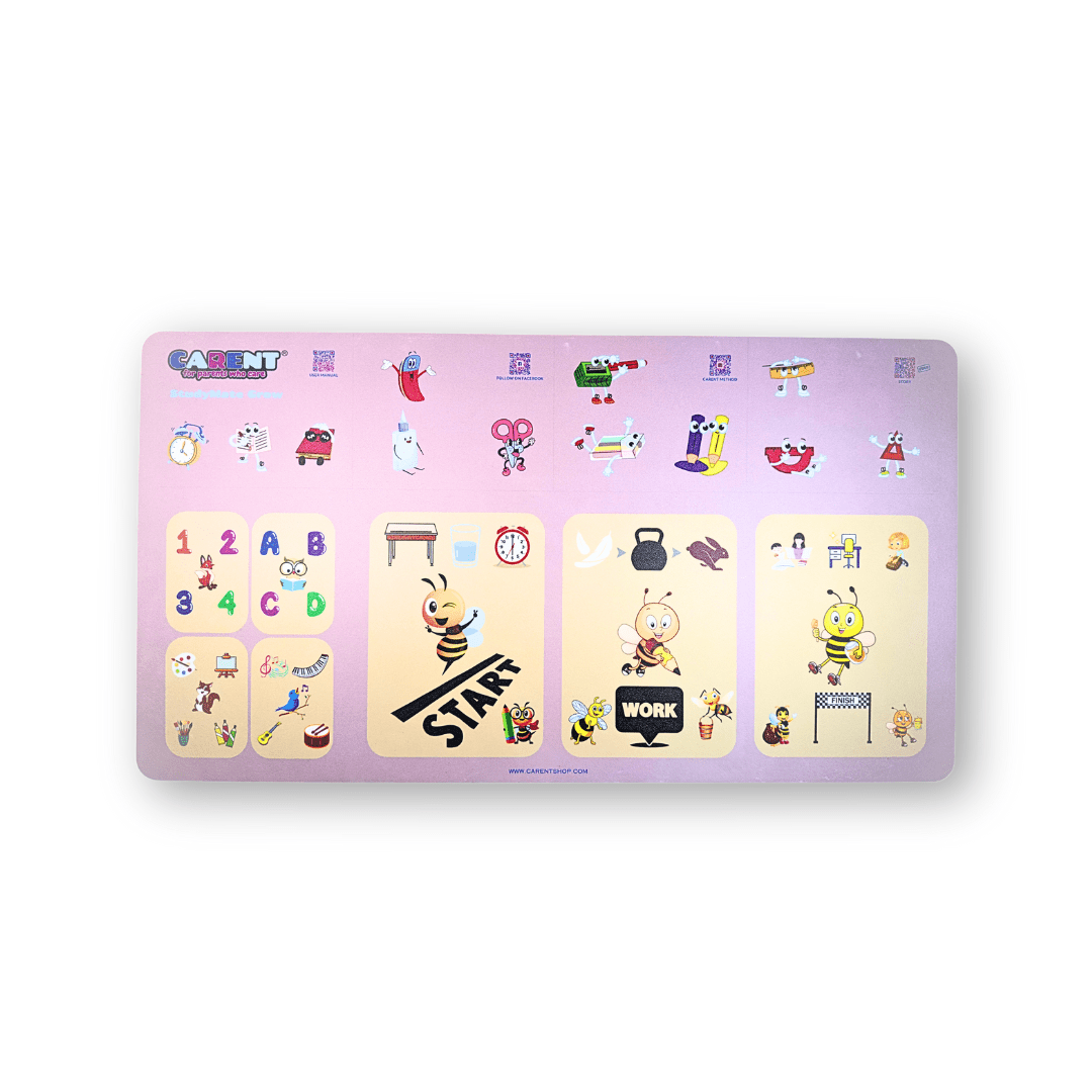 Interactive StudyMate Grow Desk Mat for kids aged 6-9, featuring colorful educational illustrations and structured study zones. The durable silicone mat provides a dedicated workspace with sections for organizing study materials, managing tasks, and maintaining focus. Includes QR codes for additional learning resources, making study time engaging and efficient.