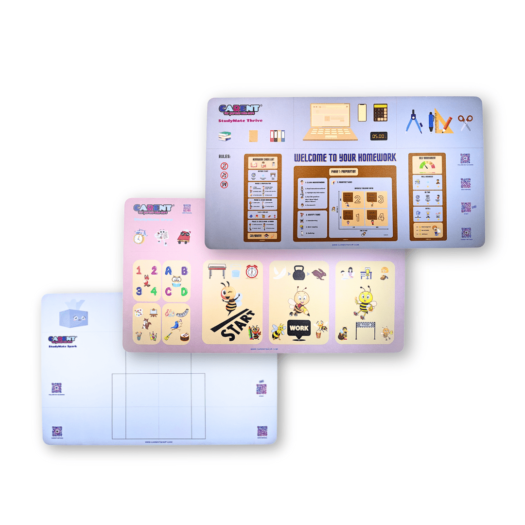 hree StudyMate products stacked on top of each other, showcasing the Thrive, Grow, and Spark Desk Mats. Each mat features a unique design and structure tailored to help children of different ages stay organized and focused during homework and study routines. The mats provide clear zones for preparation, task sequencing, and self-assessment, with engaging visuals and educational QR codes.