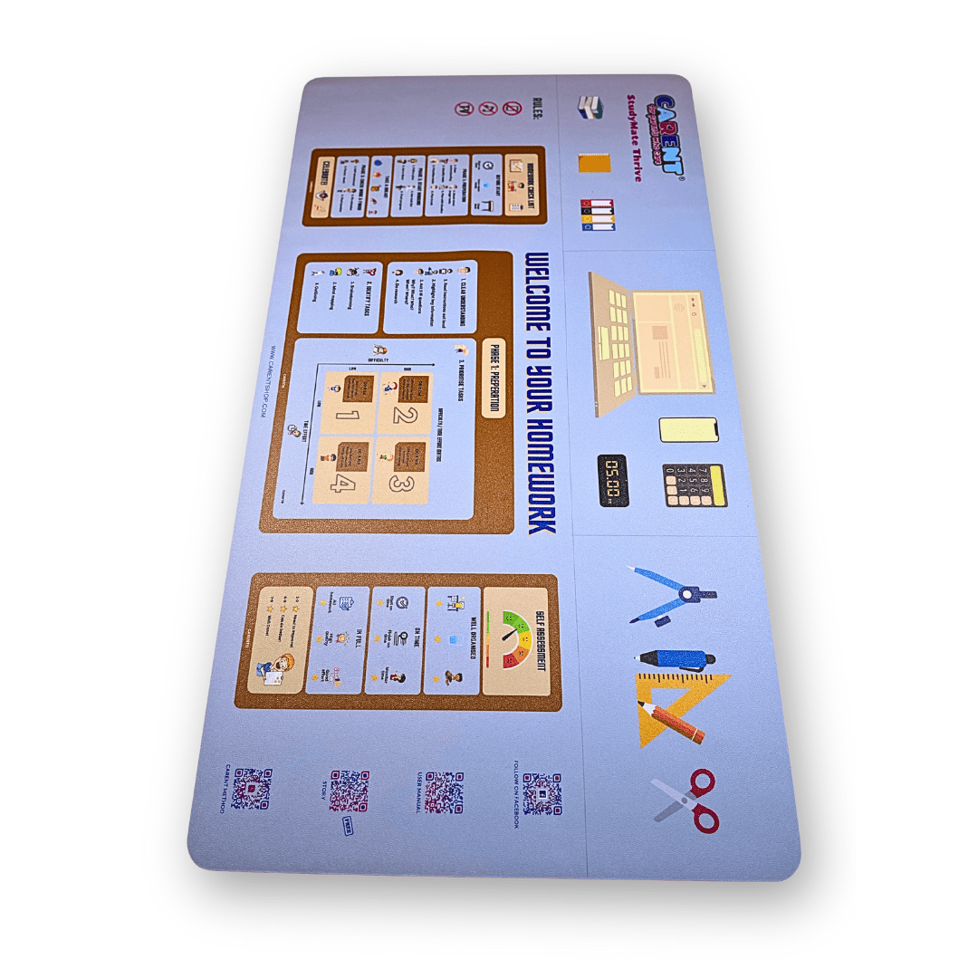 The Interactive StudyMate Thrive Desk Mat, a structured and educational desk mat designed for children aged 9 and above to support a focused and efficient homework routine. The mat features clear zones for preparation, task execution, and self-assessment, along with engaging visual cues, a resource checklist, and a self-reflection section. Made from durable, easy-to-clean silicone, it includes educational QR codes for additional study resources.