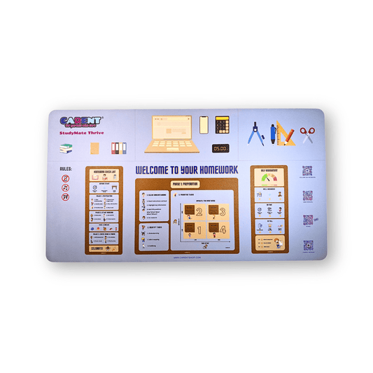 The Interactive StudyMate Thrive Desk Mat, a structured and educational desk mat designed for children aged 9 and above to support a focused and efficient homework routine. The mat features clear zones for preparation, task execution, and self-assessment, along with engaging visual cues, a resource checklist, and a self-reflection section. Made from durable, easy-to-clean silicone, it includes educational QR codes for additional study resources.