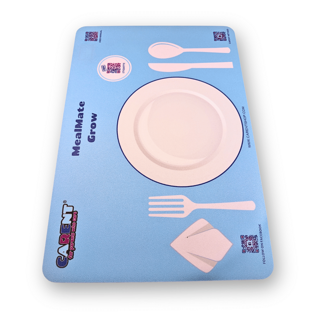 Front view of the MealMate Grow interactive placemat for kids, designed for classroom settings to teach children aged 5-9 proper dining etiquette. Features outlines for a standard Western place setting, including a central plate area, fork, spoon, knife, and napkin placement. Includes engaging QR codes for etiquette education and CARENT methodology. Durable, easy-to-clean material for daily classroom use.