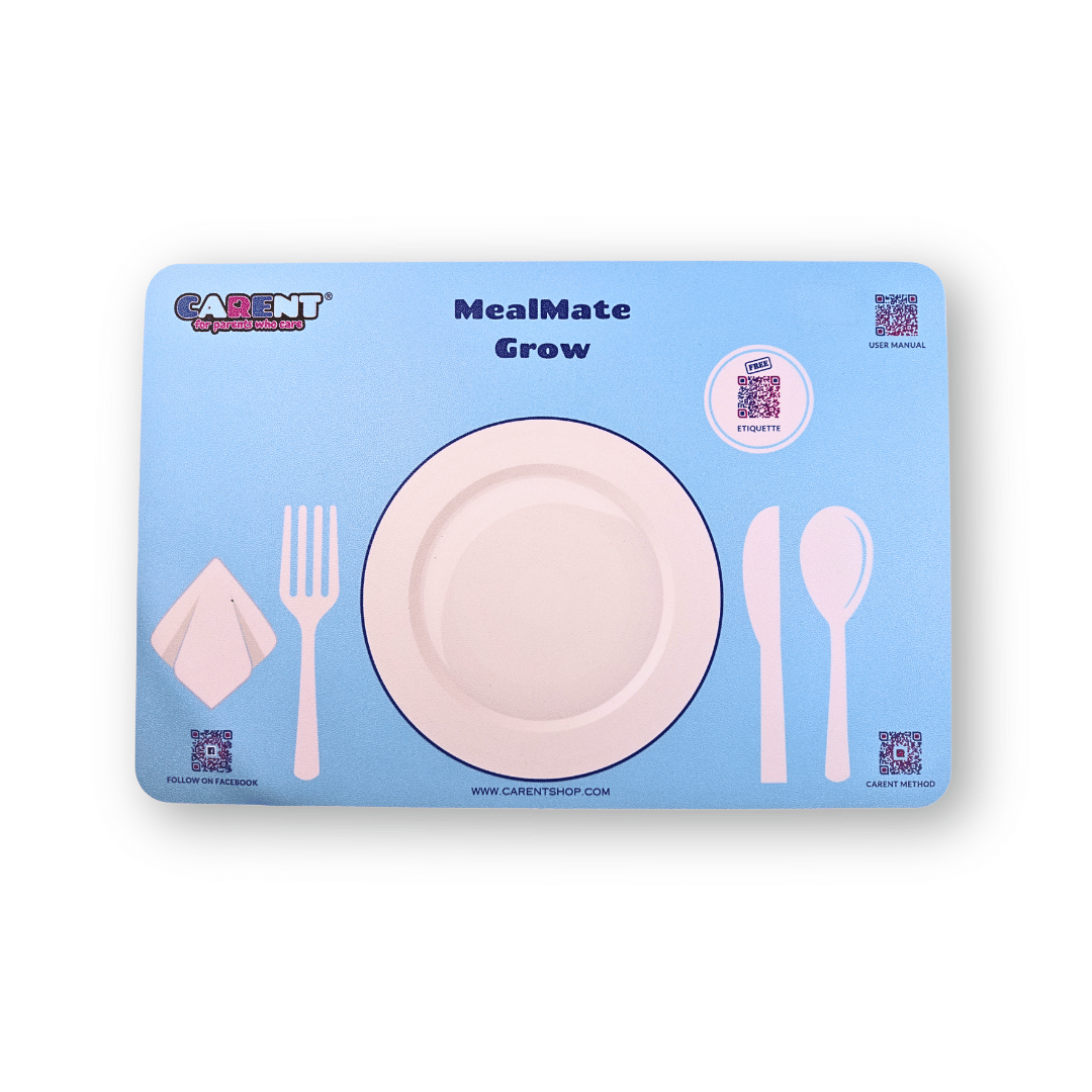Front view of the MealMate Grow interactive placemat for kids, designed for classroom settings to teach children aged 5-9 proper dining etiquette. Features outlines for a standard Western place setting, including a central plate area, fork, spoon, knife, and napkin placement. Includes engaging QR codes for etiquette education and CARENT methodology. Durable, easy-to-clean material for daily classroom use.