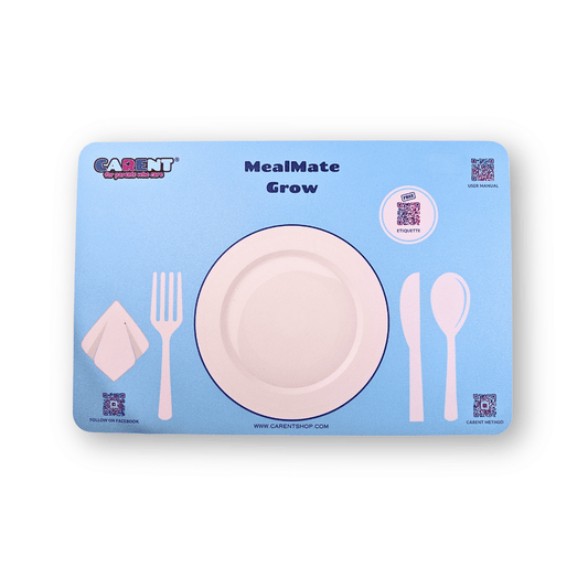 Front view of the MealMate Grow interactive placemat for kids, designed for classroom settings to teach children aged 5-9 proper dining etiquette. Features outlines for a standard Western place setting, including a central plate area, fork, spoon, knife, and napkin placement. Includes engaging QR codes for etiquette education and CARENT methodology. Durable, easy-to-clean material for daily classroom use.