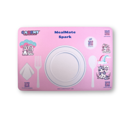 Interactive MealMate Spark Placemat for Girls featuring a whimsical unicorn theme. Designed for children aged 2-6, the placemat includes visual guides for table manners, utensil placement, and polite phrases. Made of durable silicone, easy to clean, and enhanced with educational QR codes for interactive learning.